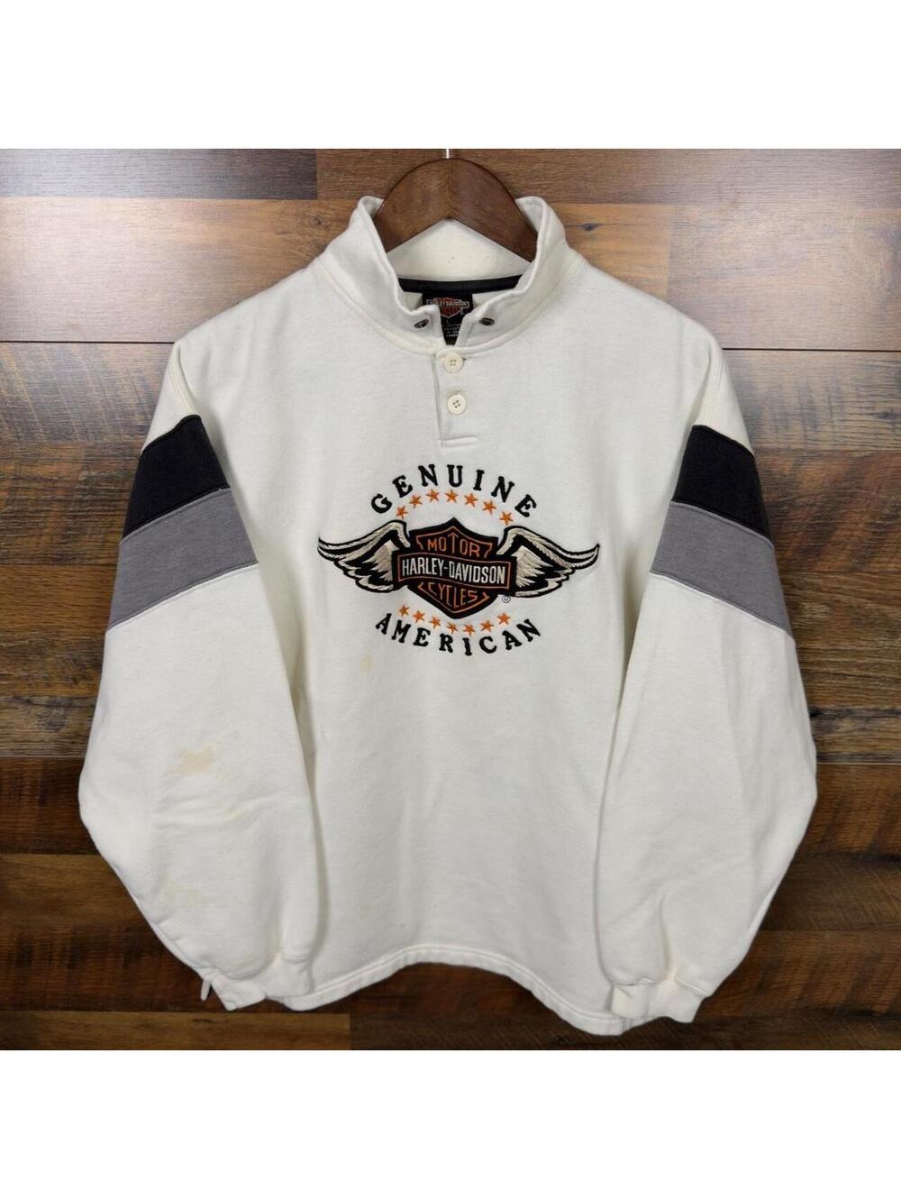 Vintage 90s Harley Davidson Henley Sweatshirt Men’s L Embroidered Center Logo